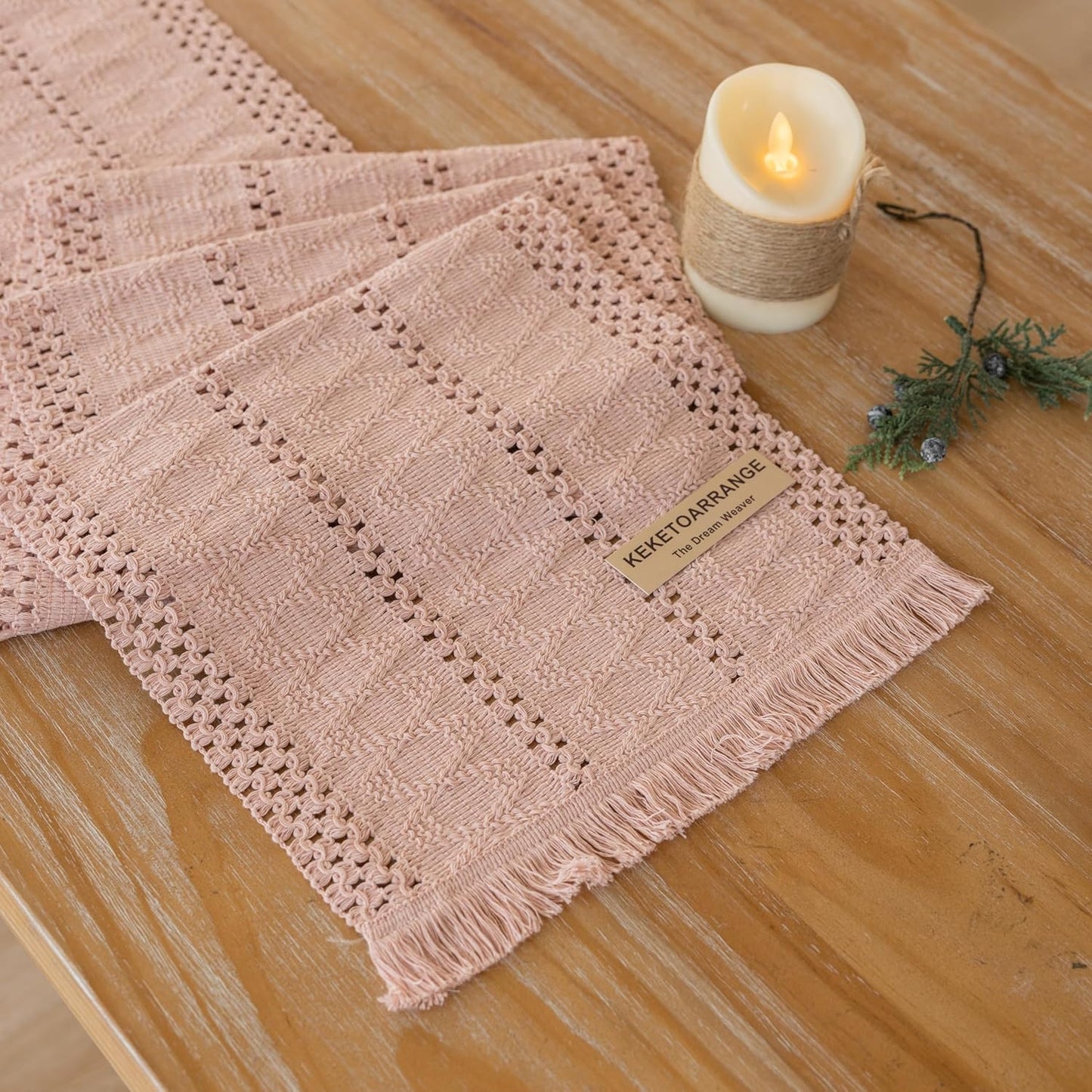 Boho Pink Table Runner for Home Decor 12x72 Inches Farmhouse Macrame Burlap Jute Rustic Dining Kitchen Centerpiece Bohemian Decor French Country Baby Bridal Shower Decorations