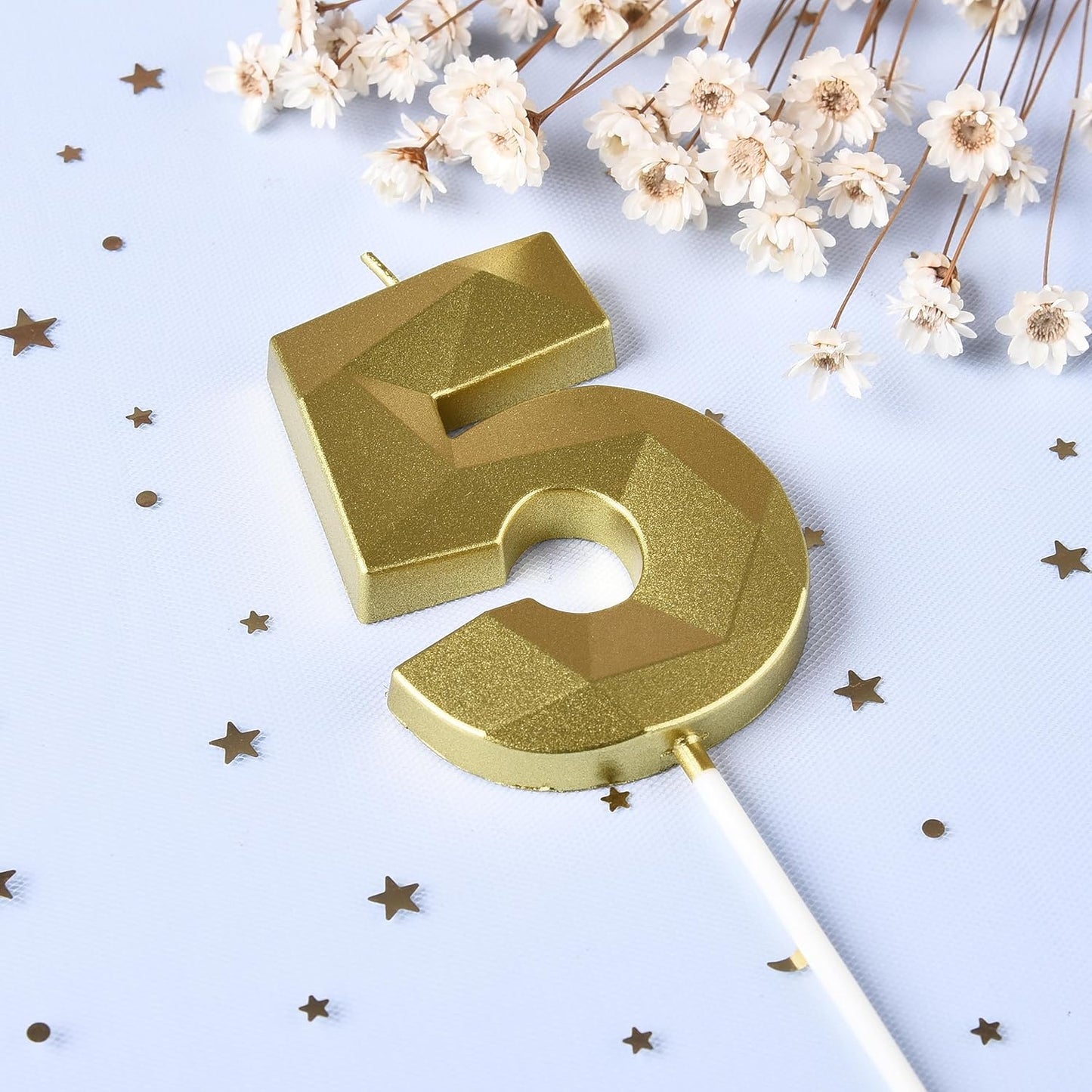 PHD CAKE 2.76 Inch Crystal Gold 5 Number Birthday Candles, Gold Cake Candles for Party Celebration