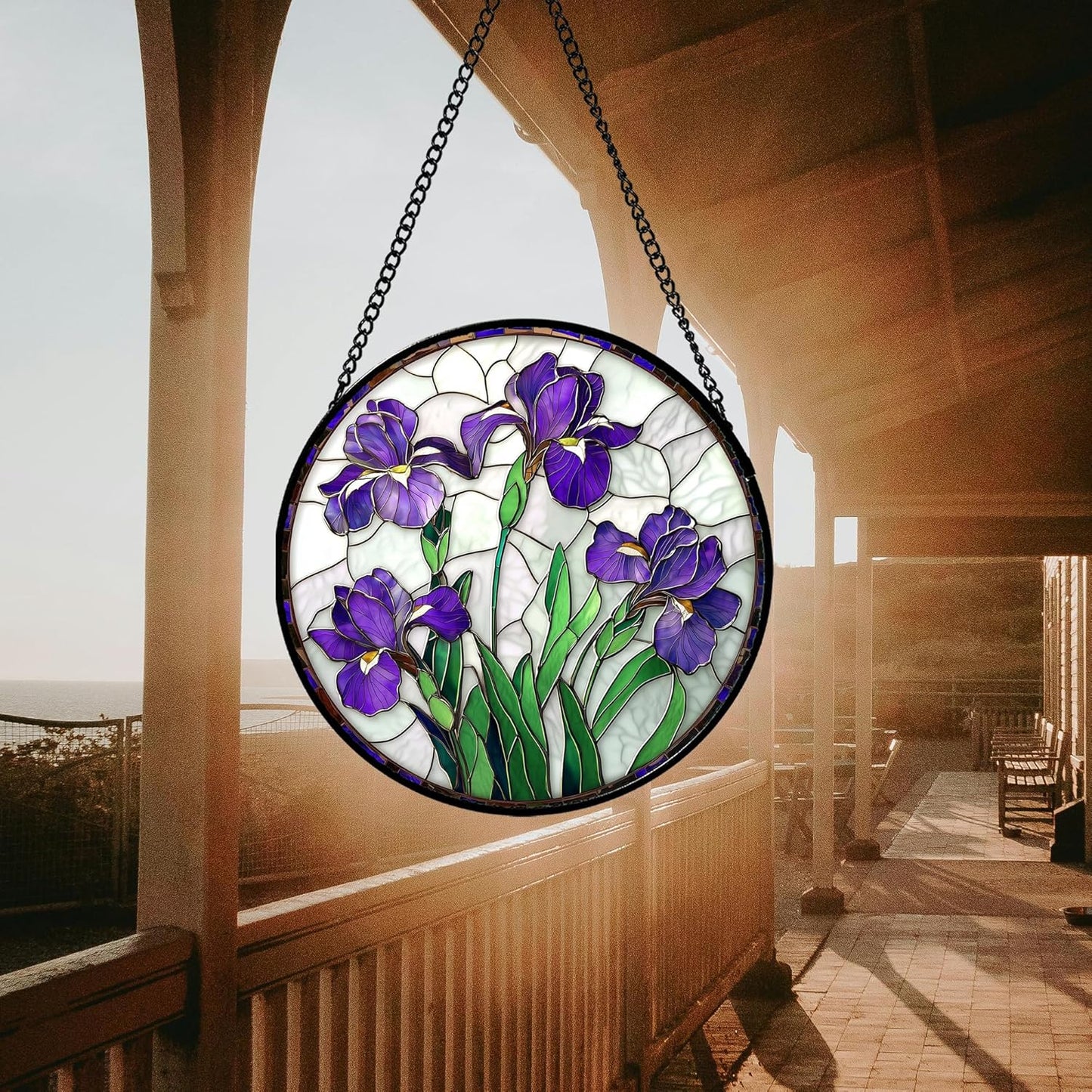 Stained Glass Window Hanging - Purple Iris Flower Sun Catcher for Door Terrace Garden Home Decor, Green Plants Suncatcher Birthday Gifts for Lovers Women Men Dad Mom Nana 7.8 in