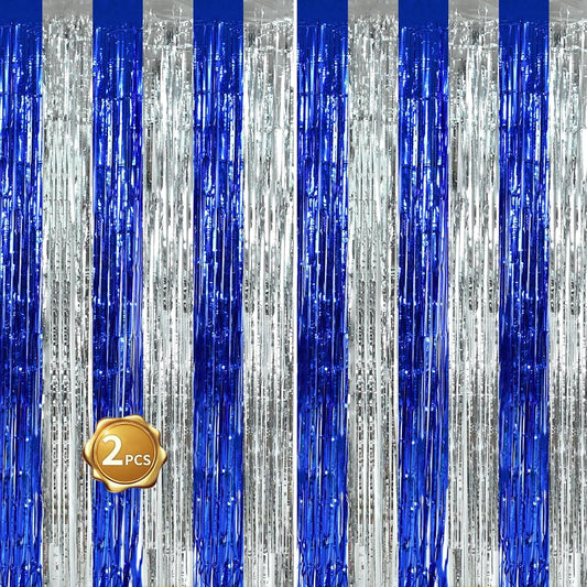 BEISHIDA 2Pcs Blue Silver Door Streamers Congrats Grade 2025 Decoration Backdrop Foil Fringe Tinsel Party Streamers Curtains for Birthday Graduation Winter Party Decoations (3.28 ft x 6.56 ft)