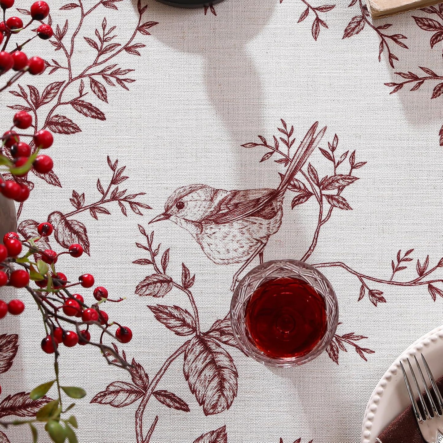 ISAENNE Designer Vintage Linen Round Tablecloth,Red Floral Pattern Linen Stain Resistant Table Cloth,Decor Tablecloths for Dining Thanksgiving Kitchen Christmas,Diameter 67"-Harmony