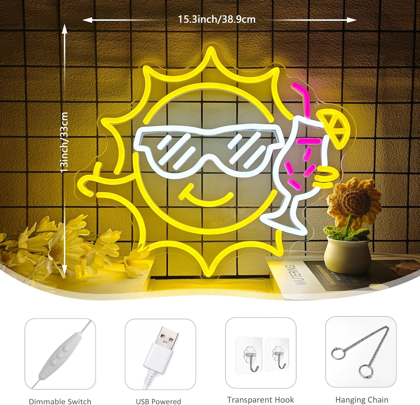 Bar Neon Sign for Wall Decor, Funny Neon Sign for Beach Bar Pub Sandbeach Beverage Shop, Sun Sunglasses Drinks Led Sign with Dimmer, Summer Decoration USB Powered with Switch