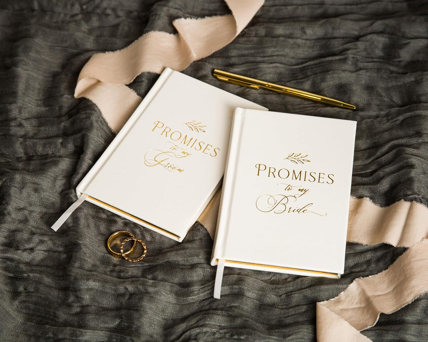 Promises To My Groom & Bride Wedding Vow Books (Set of 2) - Pocket Sized Gold Foil Embossed White Wedding Ceremony Vow Renewal Speech Notebook Planner, Gift for Wife & Husband Newly Engaged Couple