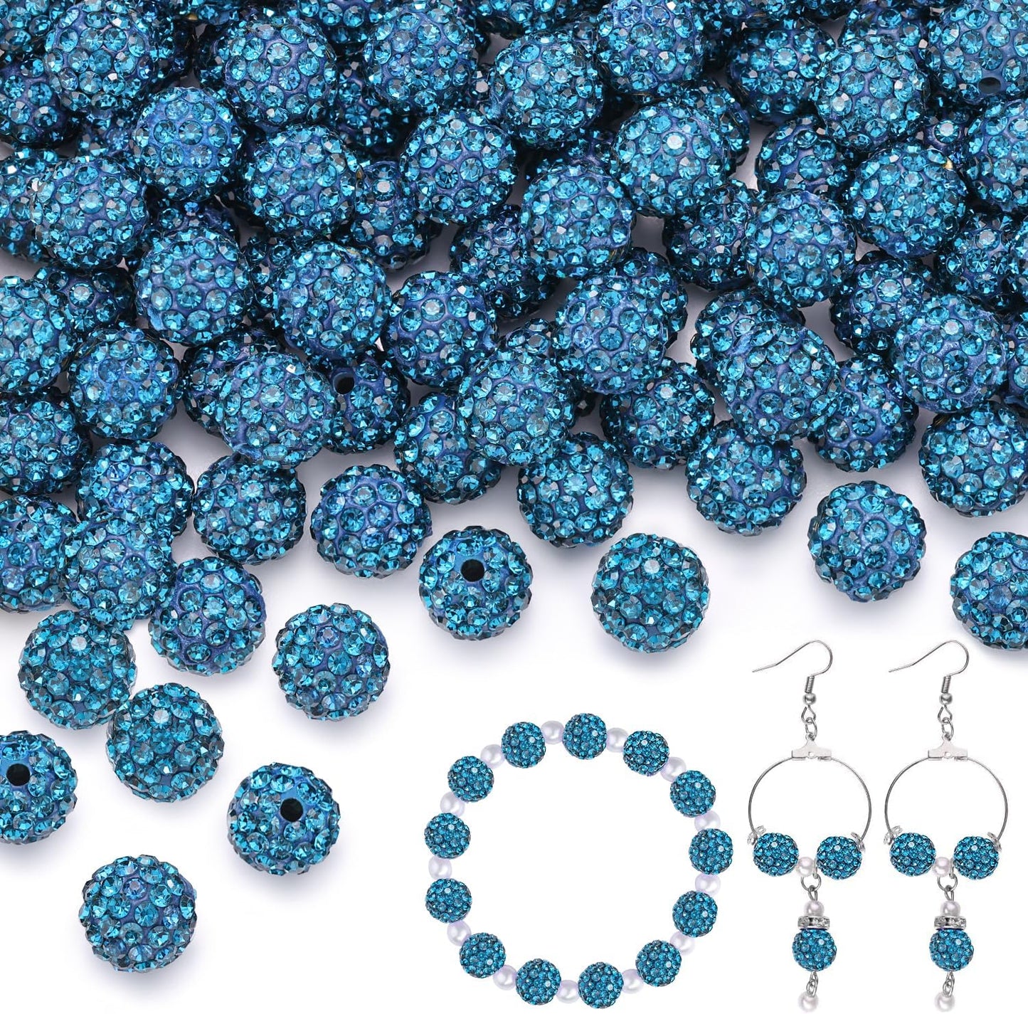 150 pcs 10mm Rhinestone Beads for Jewelry Making, Blue Zircon Shiny Round Shamballa Disco Beads Bulk, Sparkle Crystal Clay Christmas for Bracelet Baseball Necklace Earring Crafting and DIY
