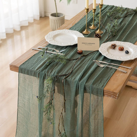 6Pcs Forest Green Gauze Rustic Cheesecloth Table Runner 120 Inch 10 FT for Wedding Baby Shower Bridal Shower Birthday Engagement Garden Outdoor Party Long Sheer Boho Decorations