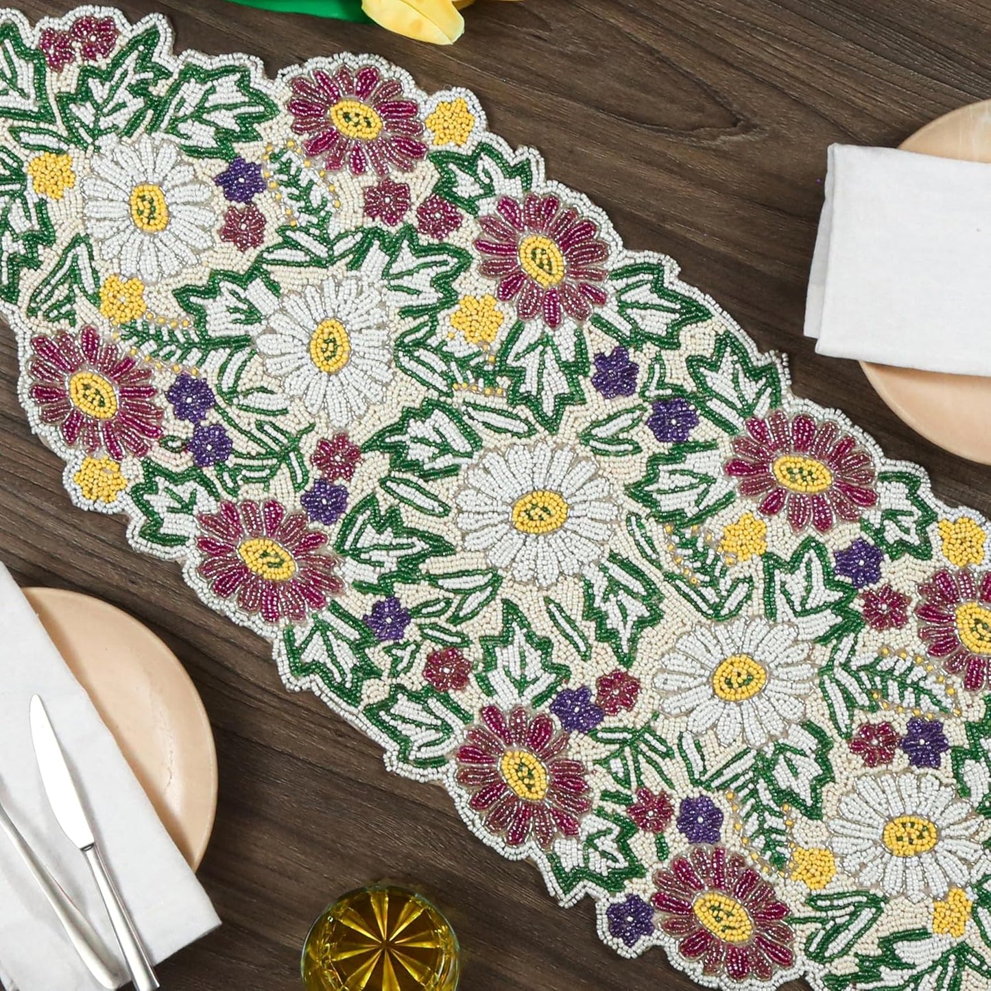 Luxury Beaded Table Runner - 13x36 Inches Handcrafted Spring Floral Design with Glass Beads & Polyester Back - Elegant Table Decor for Dining, Coffee Table & Events (Multi) - CLEENTABLE