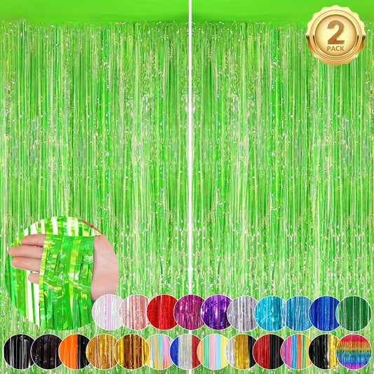 2Pack 3.3 x 8.3Ft Neon Green Foil Fringe Backdrop Curtains, Green Tinsel Streamers Birthday Party Decorations Fringe Backdrop for Graduation Baby Shower, Gender Reveal Disco Party Wedding Decorations