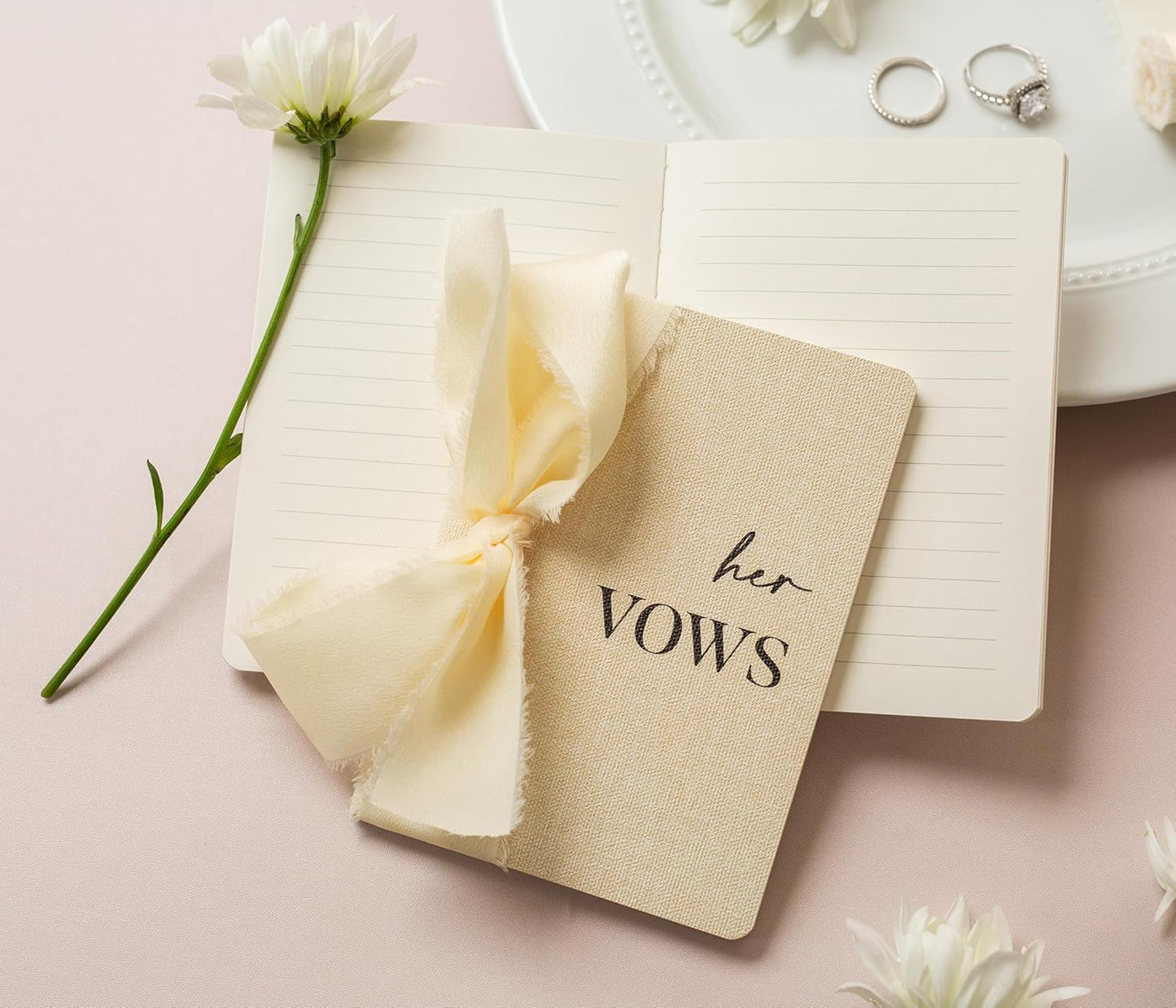 Slim Vow Books with Ribbons (Set of 2 - Design 1) - 5.75" x 4" Soft Cream Canvas Linen Textured Cover Wedding Vow Booklets, Ceremony Speech Note Journal, Gift for Newly Engaged Couple, 48 Lined Pages