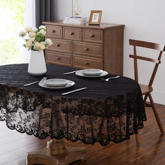 LinenZone Black Oval Tablecloth for Rustic Vintage Decor. Sheer Lace Tablecloth Works Great As Wedding Tablecloth, Thanksgiving Tablecloth or Christmas Tablecloth (Mia Oval 72, Black)