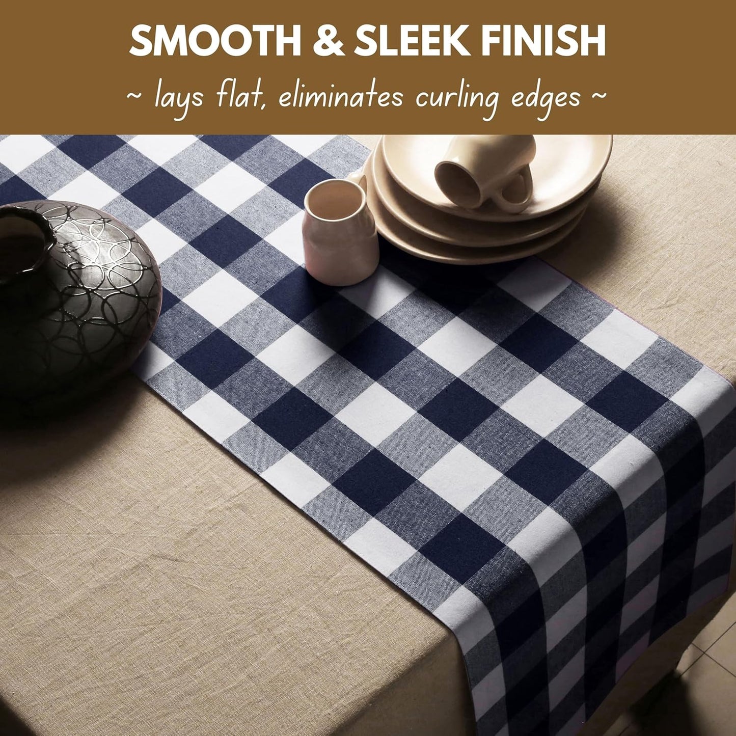 Native Fab Buffalo Check Table Runner, 100% Cotton, 13x108 Inches, Rustic Farmhouse Kitchen and Dining Décor, Perfect for Christmas, Winter, Weddings, Holiday Gatherings, Navy Blue & White