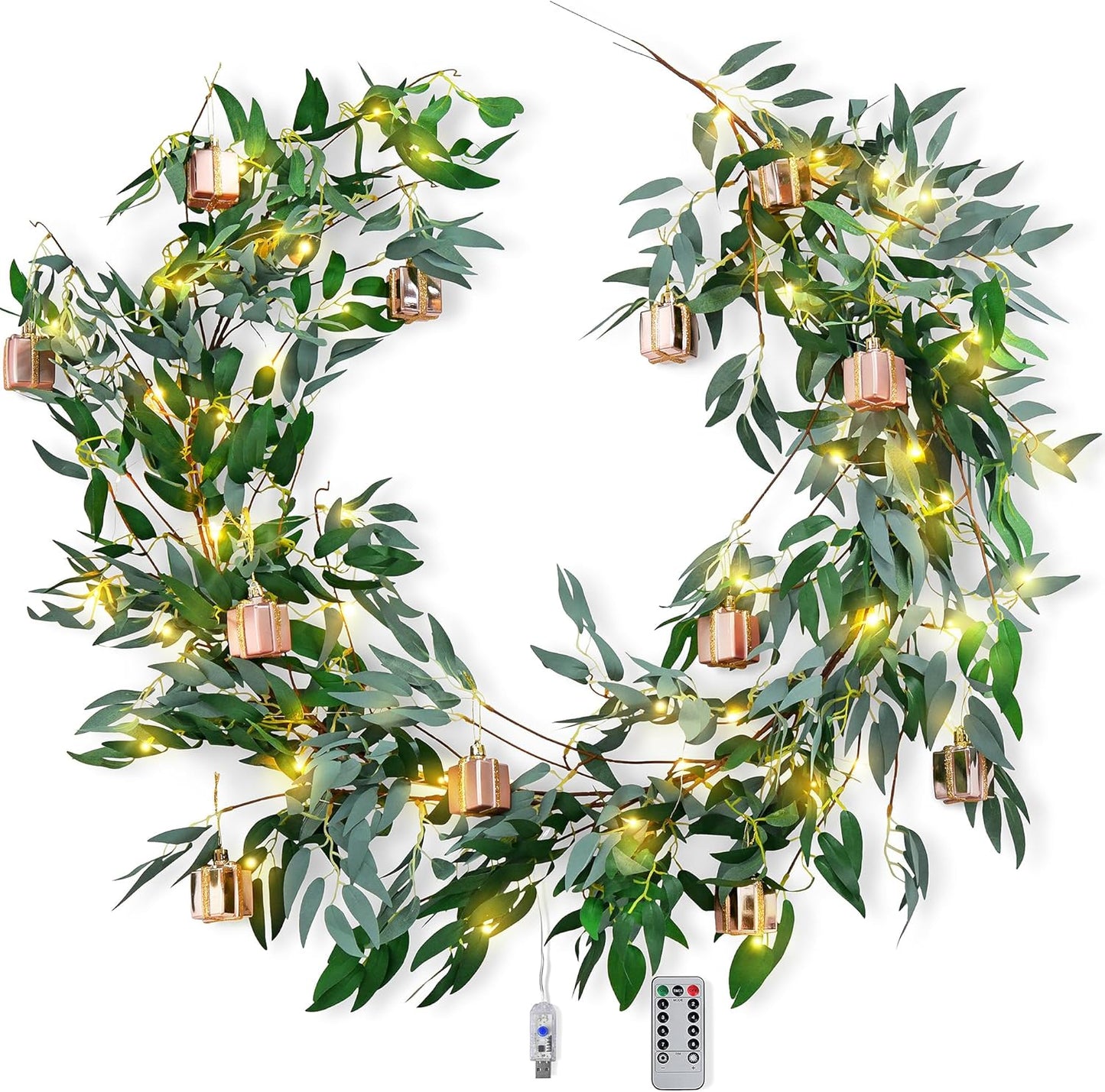 Artificial Willow Garland with USB Fairy String Lights & Pink Gift Box Ornaments – 2-Pack Lighted Greenery Vine, with Remote for Mantels, Weddings, Fireplace, Holidays, Parties & Everyday Home Decor