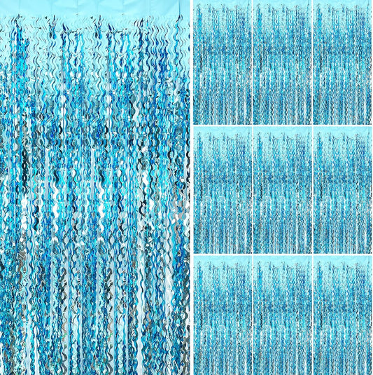 Blue Streamers Photo Backdrop Wave Foil Fringe Curtain Tinsel Backdrop Blue Birthday Parties Favor for Bachelorette, Frozen Birthday Ocean Themed Party Decorations Snow Flakes Decorating