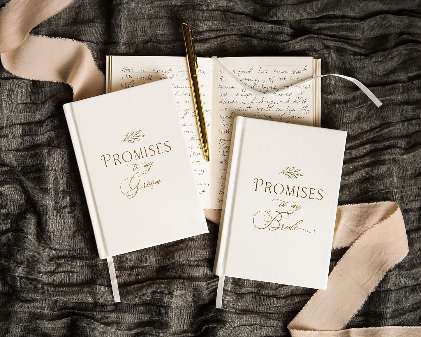 Promises To My Groom & Bride Wedding Vow Books (Set of 2) - Pocket Sized Gold Foil Embossed White Wedding Ceremony Vow Renewal Speech Notebook Planner, Gift for Wife & Husband Newly Engaged Couple