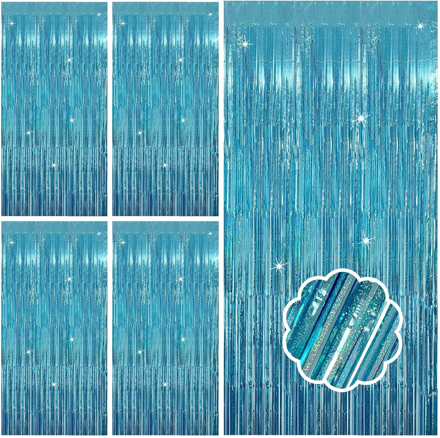 5 Pack Blue Tinsel Streamers Foil Fringe Curtains Backdrop for Baby Shower Graduation Gender Reveal Ocean Disco Theme Party Decorations