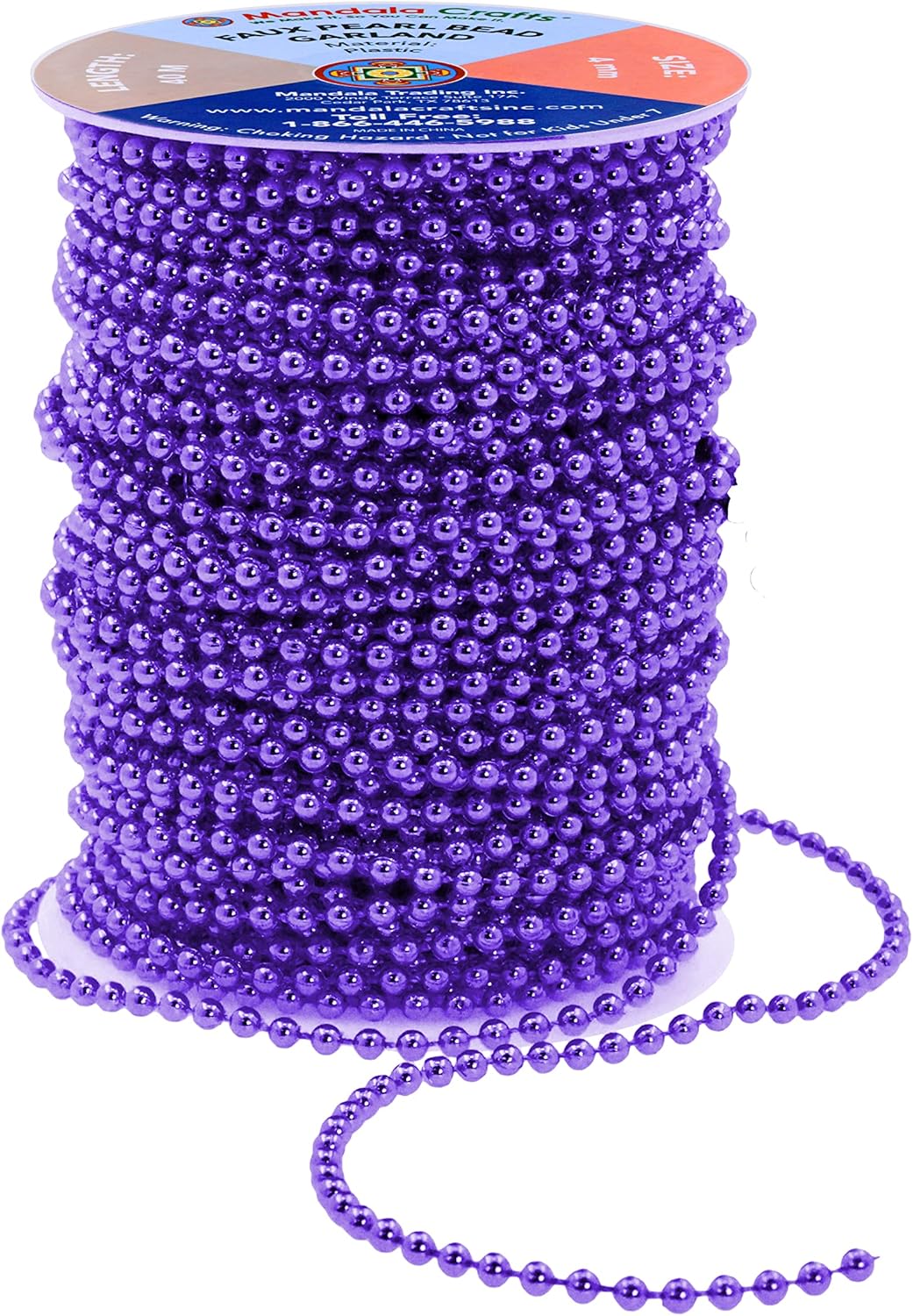 Mandala Crafts 4mm Faux Purple Pearl Beads Roll - 44 Yards Strand of Fake Pearls Chain Garlands Spool String for Christmas Tree, Wedding, Party, Vases, DIY Decoration