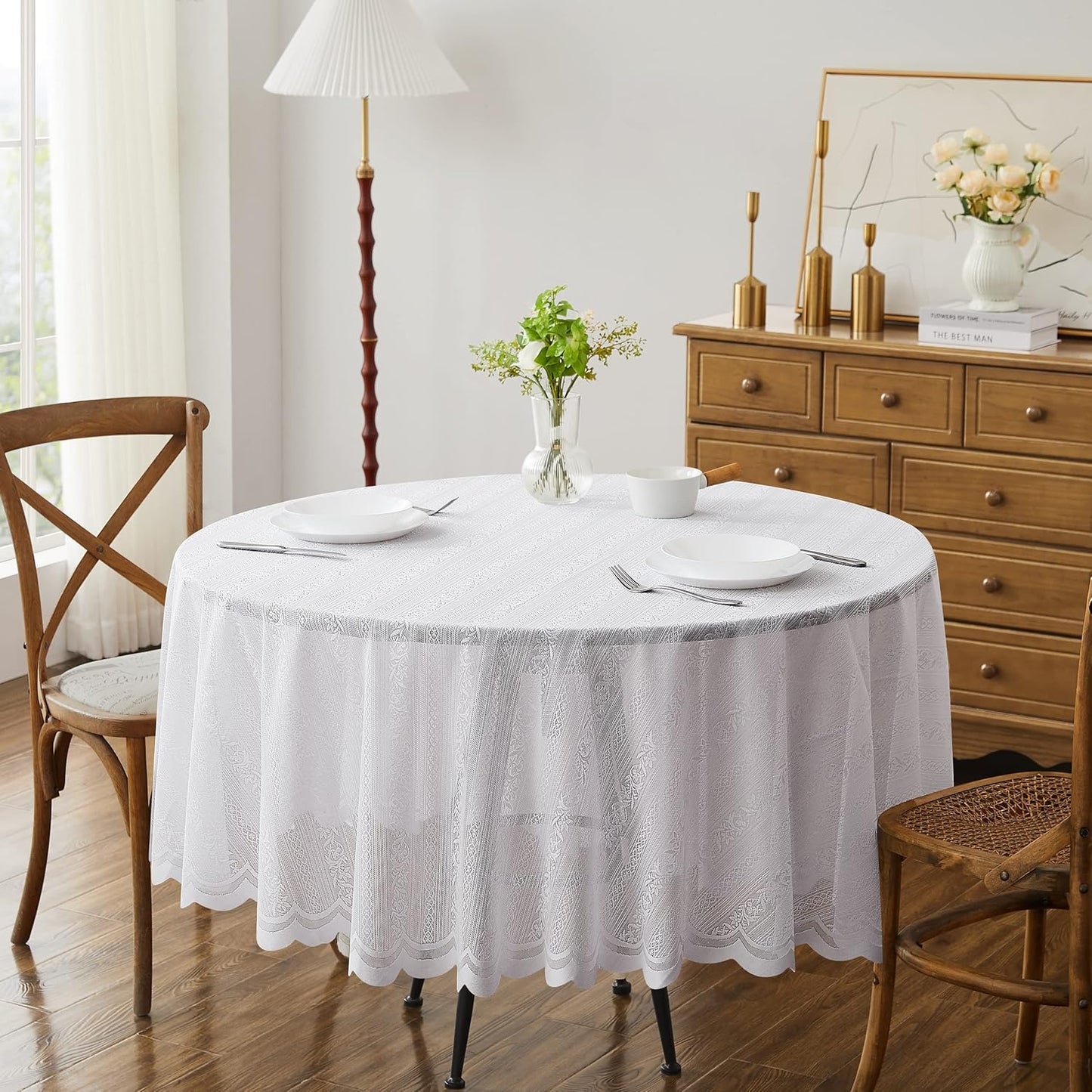 LinenZone Round Lace Tablecloth with Elegant Scalloped Bottom for Any Special Event Such as Wedding, Birthday Party, Baby Shower, Anniversary. Sits 4 to 6 People. (Linda 70 Round, White)