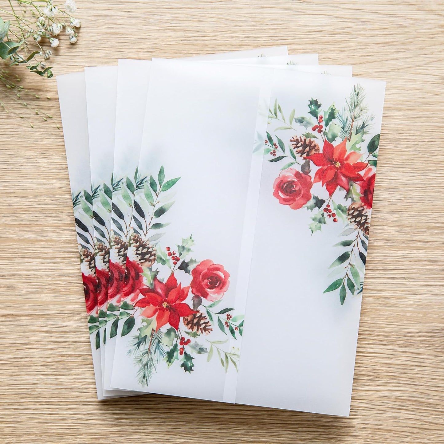 PONATIA 50 PCS 135gsm Vellum Jackets for 5x7 Wedding Invitation Cards- Christmas Red Floral Printed Vellum Sleeves, Invitation Cards Wraps, Christmas Cards Jackets