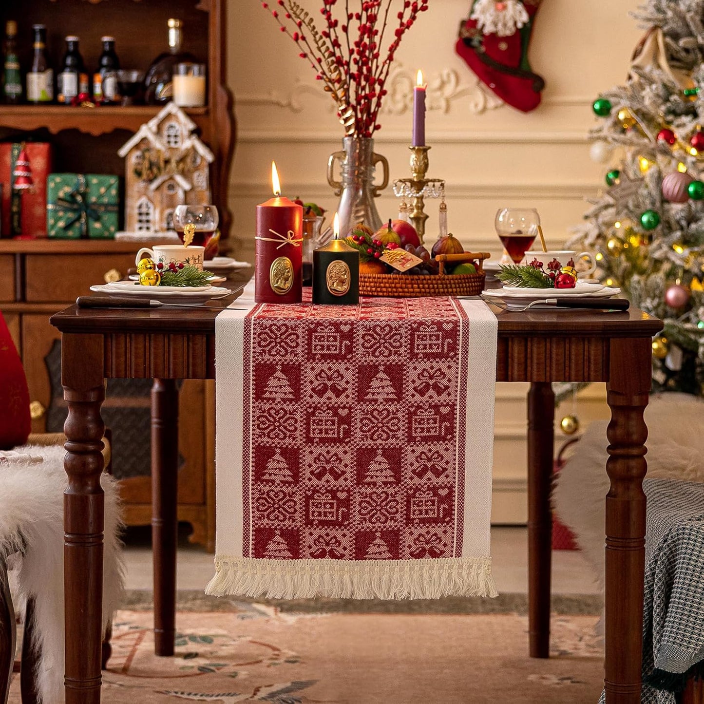 Table Runners 48 Inches,Christmas Tree Table Runner with Tassel Fringe, Gift Table Runner for Party，Coffee Table, Festival