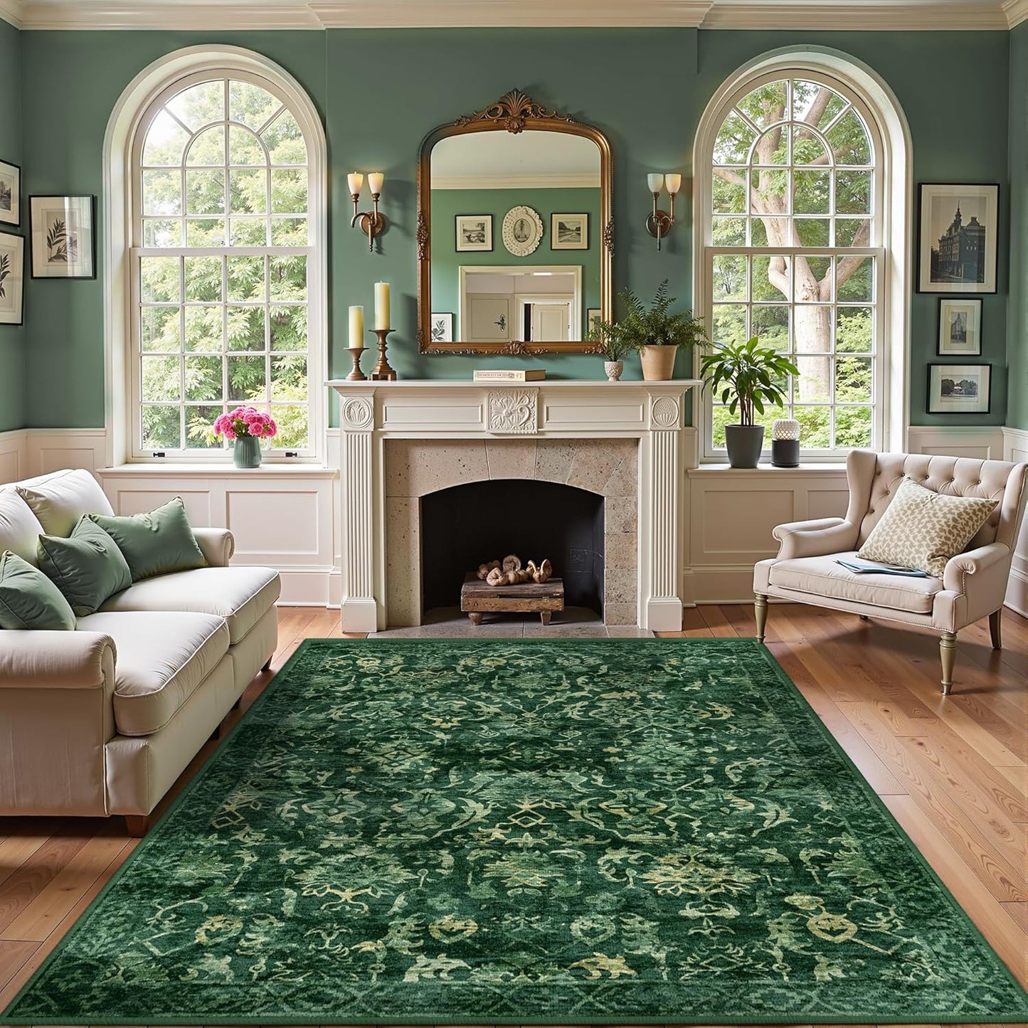 Deep Green Area Rugs 5x8 for Living Room, Washable Vintage Rugs for Bedroom, Distressed Throw Rug, Non Slip Rug Carpet for Bedroom Dining