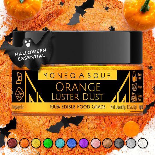 MONÉGASQUE Orange Edible Glitter for Drinks 7g – Edible Glitter for Cakes & Cocktails - Orange Luster Dust for Cocktail, Halloween Cake, & Strawberries - Drink, Food Decorations, Cake Decorating Spray