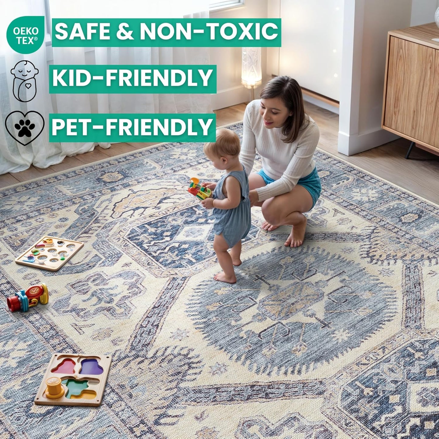 Bloom Rugs Washable Non-Slip 5' x 7' Rug - Blue/Beige Traditional Oriental Area Rug for Living Room, Bedroom, Dining Room, and Kitchen - Exact Size: 5' x 7'