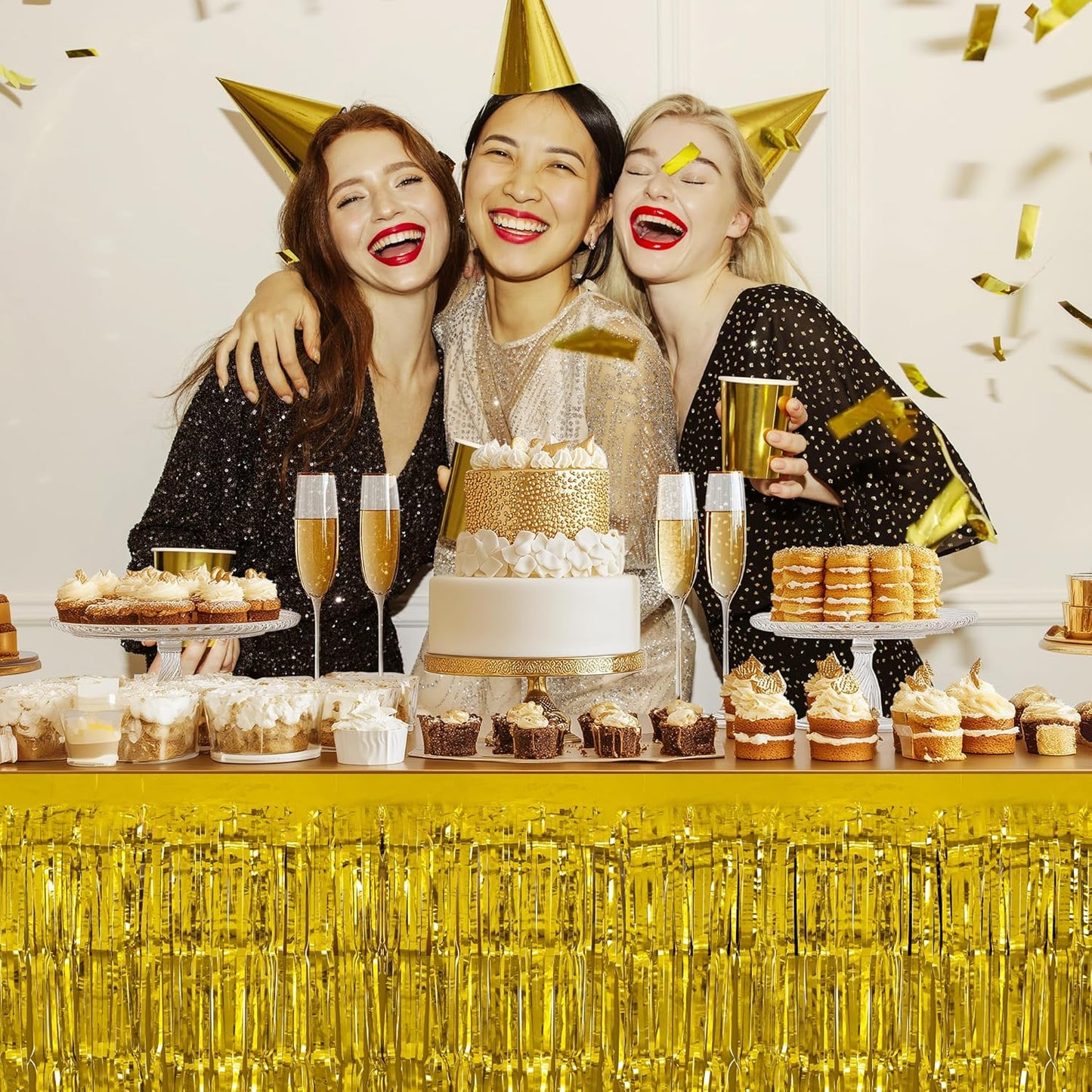 2 Pack Gold Table Skirts, 29x108" Metallic Foil Tinsel Fringe Table Skirts for Rectangle Tables Streamer Curtains Backdrop, Party Decorations for Birthdays Weddings Holidays