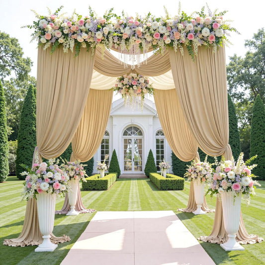 20ftx12ft Wrinkle Free Beige Backdrop Curtain, 4 Panels 12FT Height Beige Wedding Backdrop Drapes, Silky Polyester Back Drop Cloth for Birthday Photography Background Party Backdrop Draping