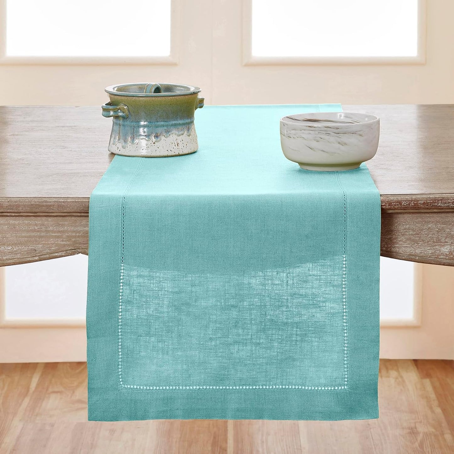 Solino Home Linen Aqua Blue Table Runner 120 Inches Long - 100% Pure Linen Hemstitch 14 x 120 Inch Table Runner for Dining - Classic Hemstitch