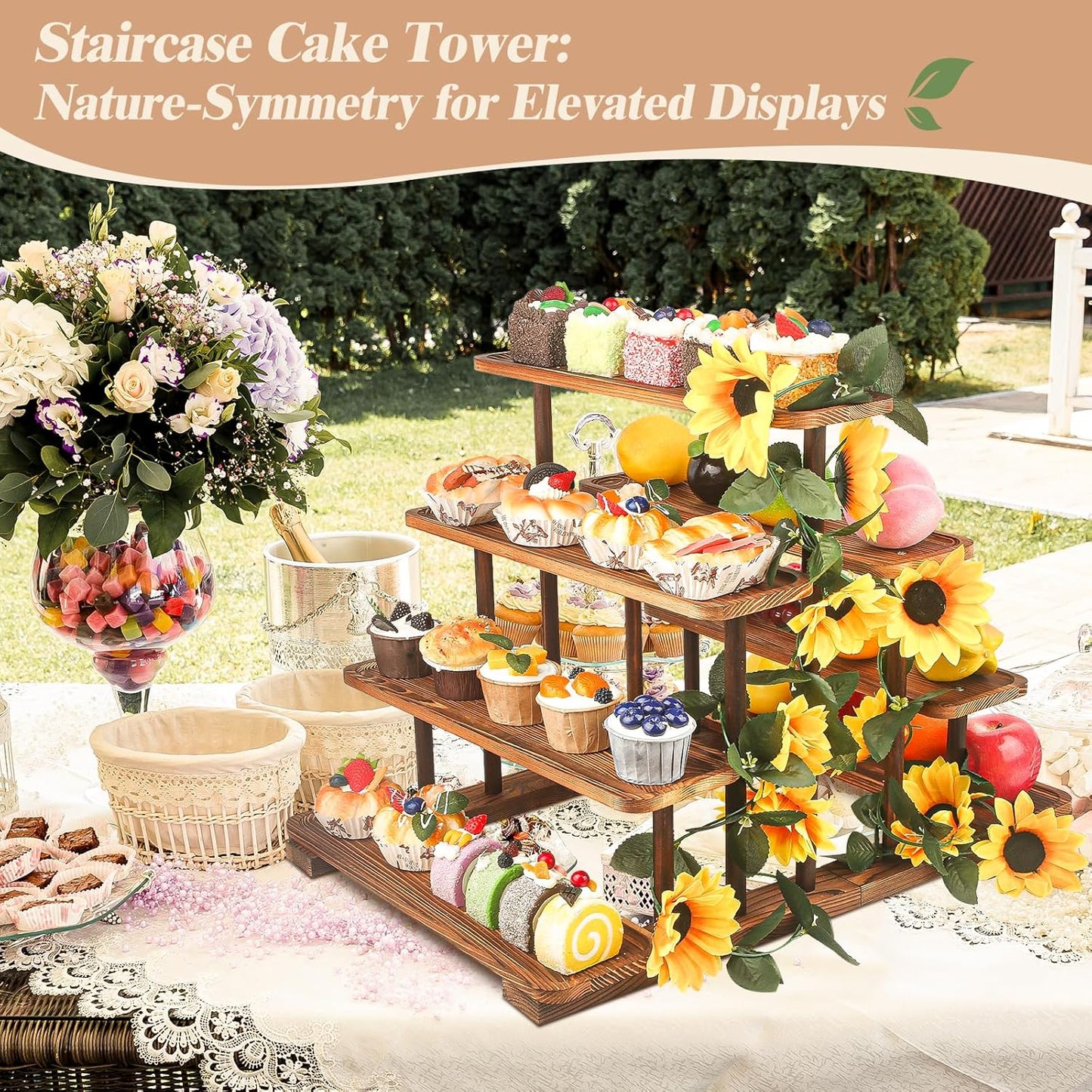 Wooden 7 Tier Cupcake Stand & Towers Serving Trays for Party with Vine Decoration - Party Display Serving Ladder with Platter for Cake, Snacks– Perfect for Catering, Events & Centerpieces