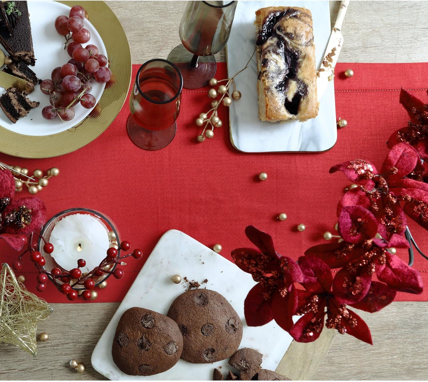 Solino Home Linen Red Table Runner 36 Inches - Classic Hemstitch, 100% Pure Linen Coffee Table Runner 14 x 36 Inch Ideal for Dresser Tables - Christmas, Holiday