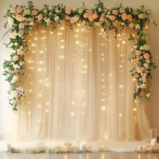 Fomcet Champagne Tulle Backdrop Curtains with Lights String 10FT X 10FT Sheer Curtain with Lights Tulle Curtains Backdrop for Wedding Birthday Party Photo Shoot (2 Panels 5x10FT)