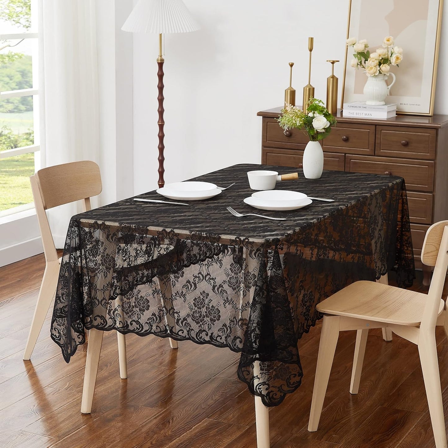 LinenZone Square Black Tablecloth for Rustic Vintage Decor. Sheer Lace Table Cloth Works Great As Wedding Tablecloth or Thanksgiving Table Cover. (Mia TC 60 x 60, Black)