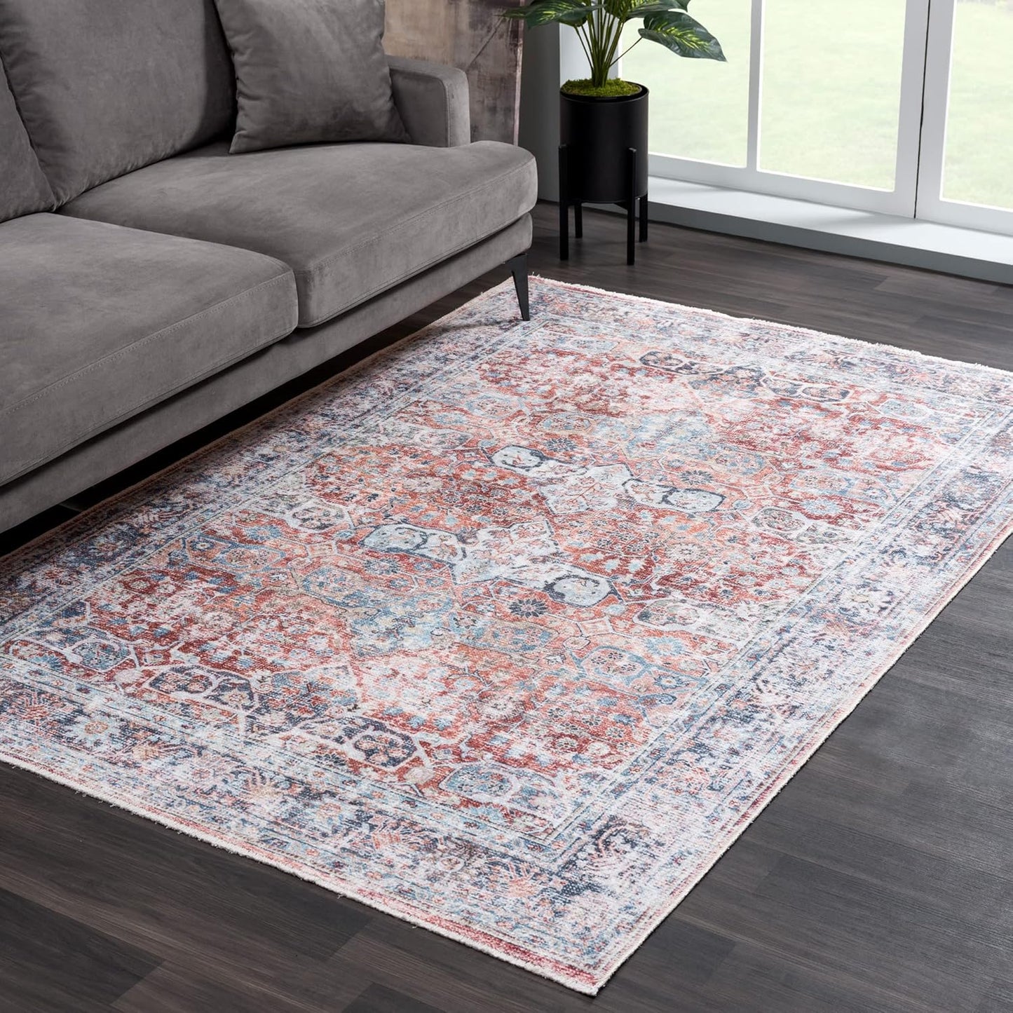 Bloom Rugs Caria Washable Non-Slip 6x9 Rug - Brick/Dark Blue Traditional Area Rug for Living Room, Bedroom, Dining Room, and Kitchen - Exact Size: 6' x 9'