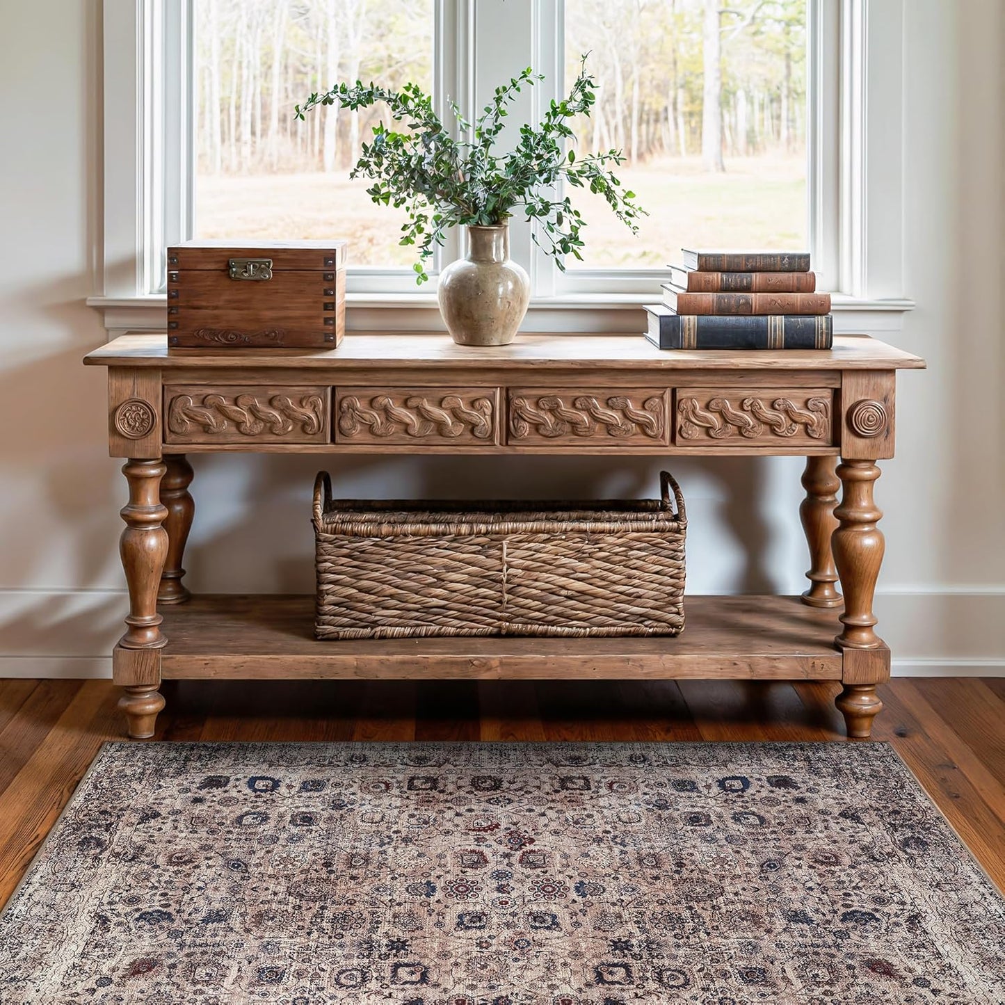 Bloom Rugs Washable Non-Slip 3' x 5' Rug - Light Tan/Blue Traditional Oriental Area Rug for Living Room, Bedroom, Dining Room, and Kitchen - Exact Size: 3' x 5'