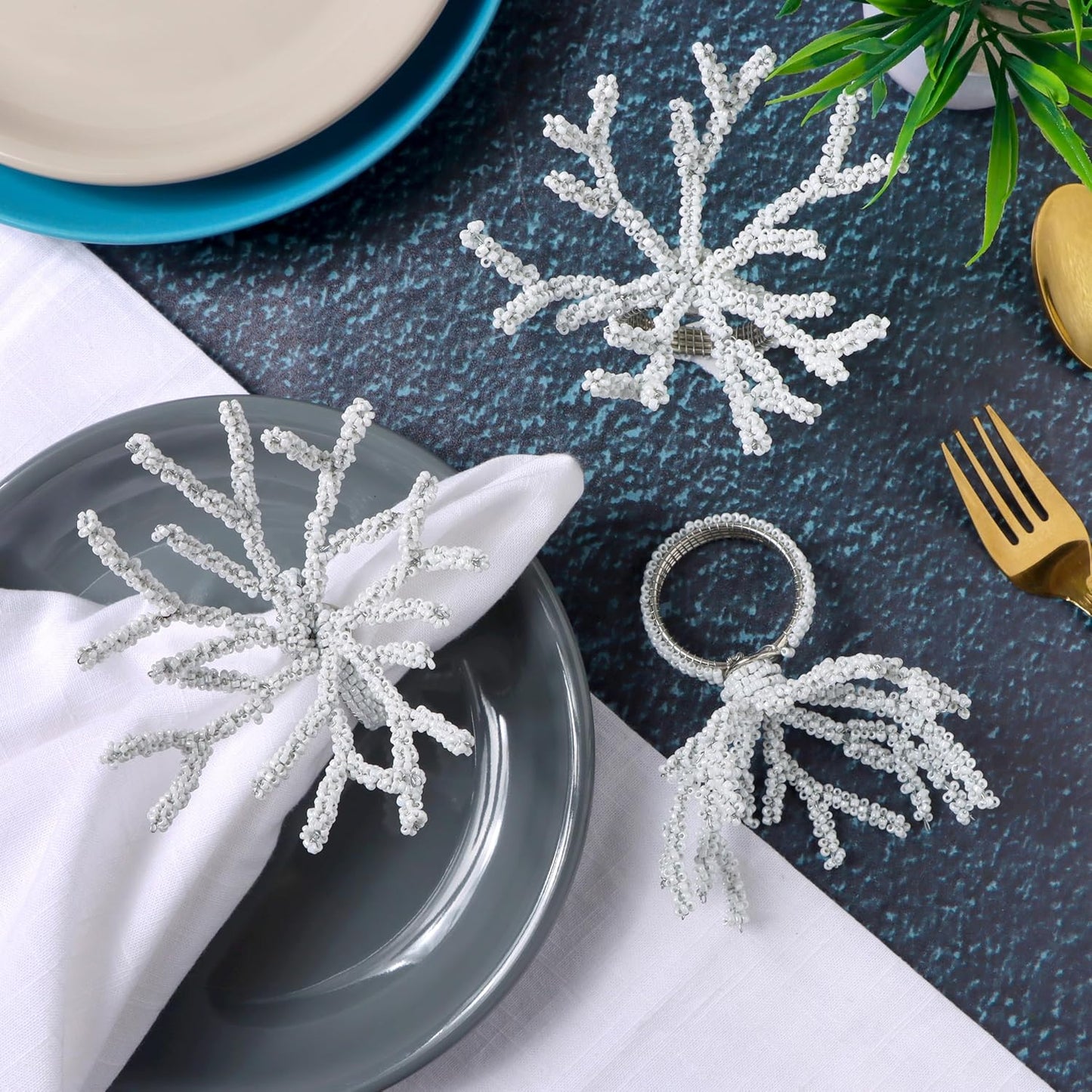 Beaded Napkin Rings Set for Dining Table - Elegant Pearl White Glass Beads with Silver Finish – Perfect for Weddings, Coastal Décor, Parties & Holiday Entertaining (White) - CLEENTABLE