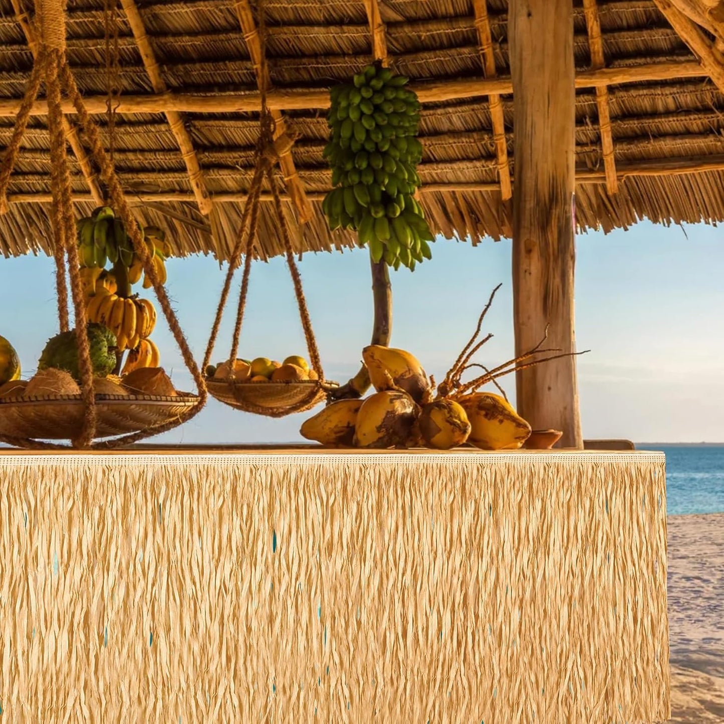 Fovths 2 Packs Luau Grass Table Skirt Fringe Dark Straw Grass Skirt 108 x 30 Inch Hibiscus Hawaiian Table Skirts Rectangle Tropical Luau Party Decorations for Hawaiian Decorations