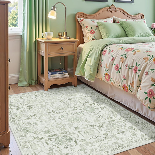Sage Vintage Area Rug 3x5 for Living Room Bedroom, Washable Distressed Farmhouse Soft Thin Non-Shedding Indoor Throw Rug, Traditional Accent Carpet for Bedroom Office