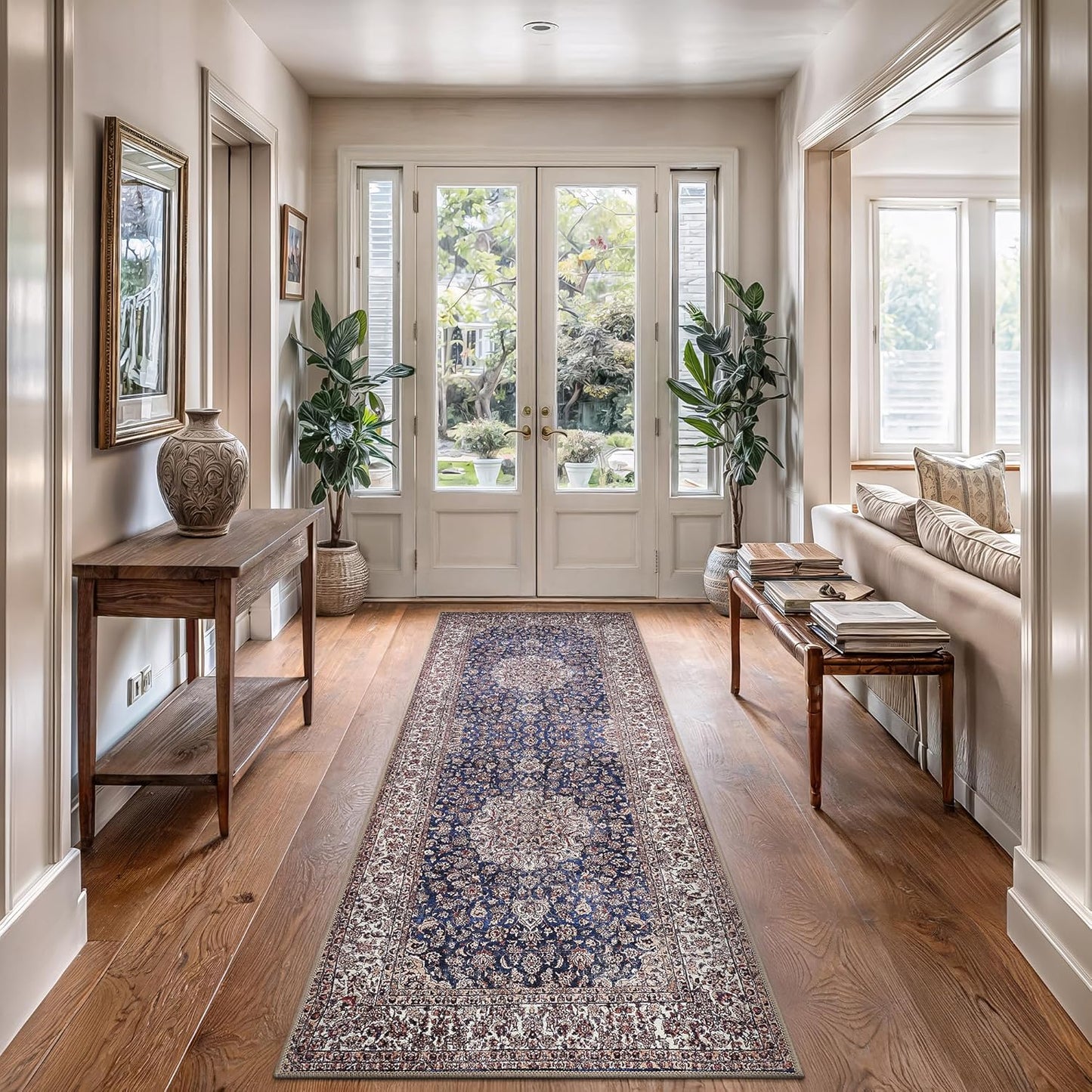 Bloom Rugs Washable Non-Slip 12 ft Runner - Dark Blue/Beige Traditional Medallion Runner for Entryway, Hallway, Bathroom, and Kitchen - Exact Size: 2.5' x 12'