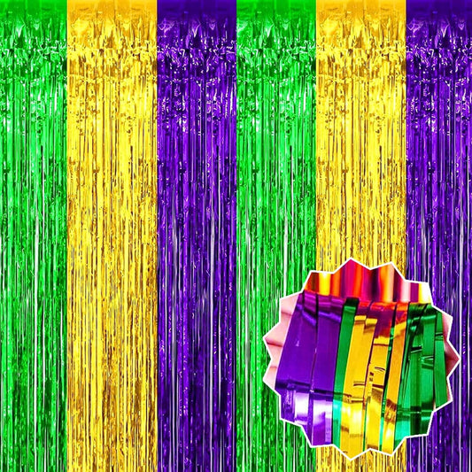 6 Pack Gold Green Purple Foil Fringe Curtains Backdrop, 3.28 x 8.2 Ft Metallic Streamers Tinsel Curtains Background for Photo Booth, Birthday, Weddings, Carnivals, Graduation, Themed Party Decorations