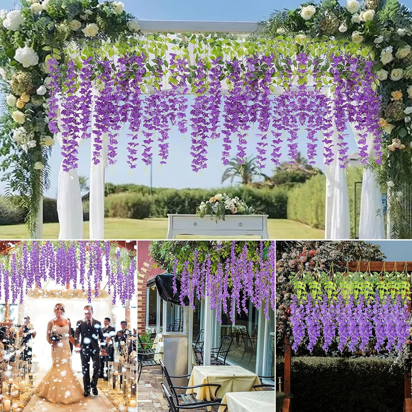 24Pack Purple Wisteria Hanging Flowers, 3.44 Ft Fake Hanging Flowers, Artificial Wisteria Garland Vines for Wedding Room Backdrop Outdoor Patio Garden Decoration