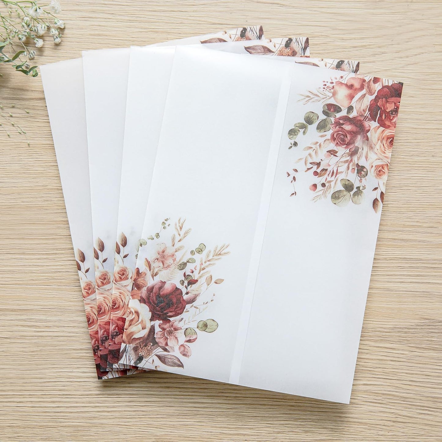 PONATIA 50PCS Vellum Jackets for 5x7 Invitation Cards- 135GSM Burnt Orange Floral Printed Vellum Sleeves, Quinceanera Wedding Invitation Cards Wraps, Transparent Christmas Gift Cards Jackets