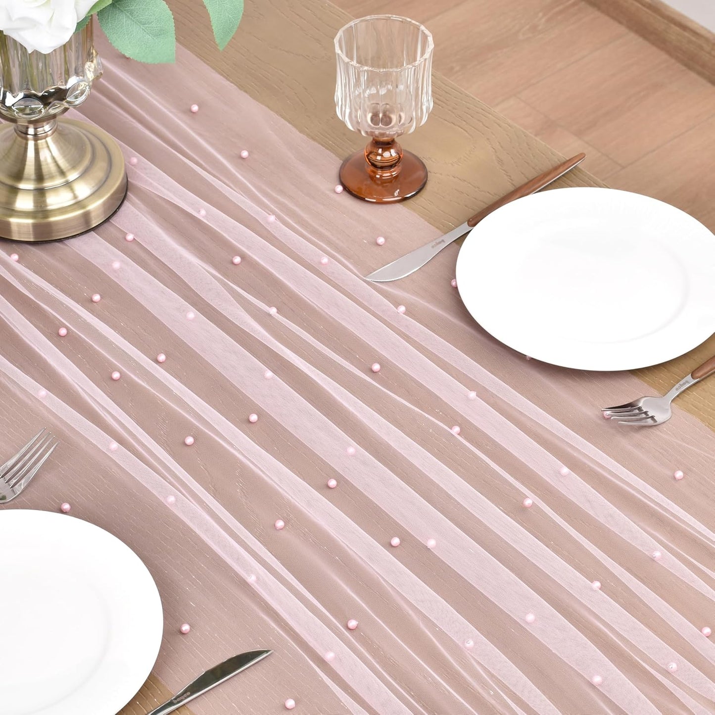 Joanlody Fall Pearl Table Runner 10ft Rustic Boho Tulle Table Runner with Pearls for Baby Shower Wedding Party Veil Dessert Thanksgiving Table Decor Pink 4pcs