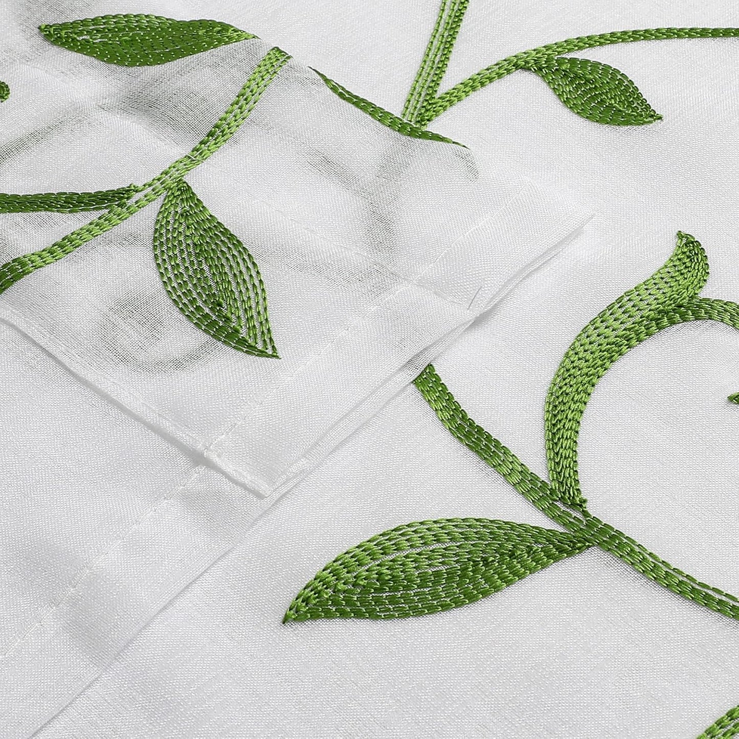 VISIONTEX Embroidered Green Sheer Voile Curtains, Leaves Embroidery Faux Linen Rod Pocket Window Drapes for Living Room and Girls Bedroom 54 x 95 Inch, Set of 2 Curtain Panels