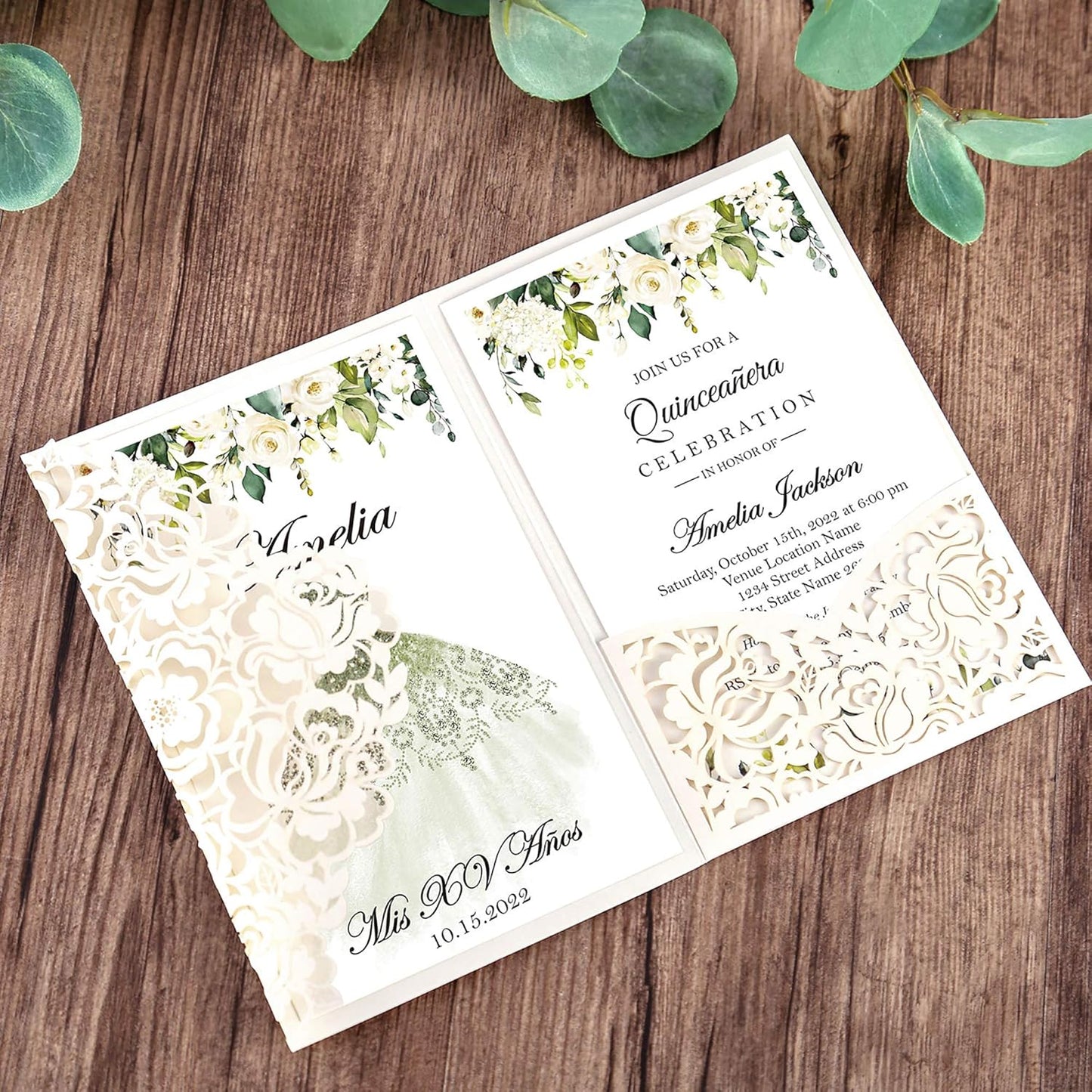 DORIS HOME 50pcs Laser Cut Quinceanera Invitations Green and Ivory White, 4.7x7.1 Blank Quince Invitations for 15th Birthday, Invitation cards for Sweet 16 with Envelopes