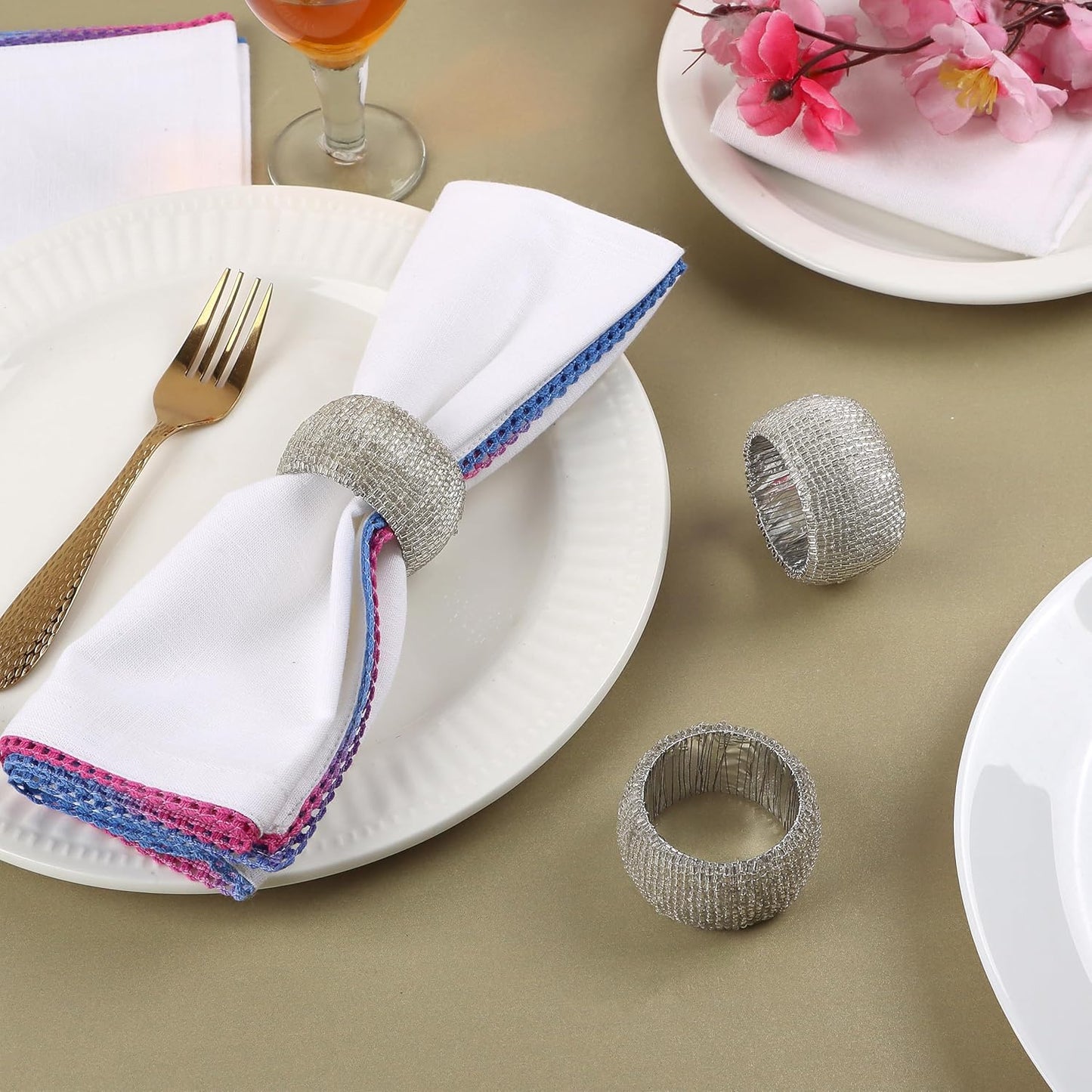 12 Pcs Beaded Napkin Rings - Rhinestone Napkin Buckles Glossy Napkin Bling Round Holders for Easter Holiday Wedding Banquet Home Party Dining Table Decoration (Silver) - CLEENTABLE