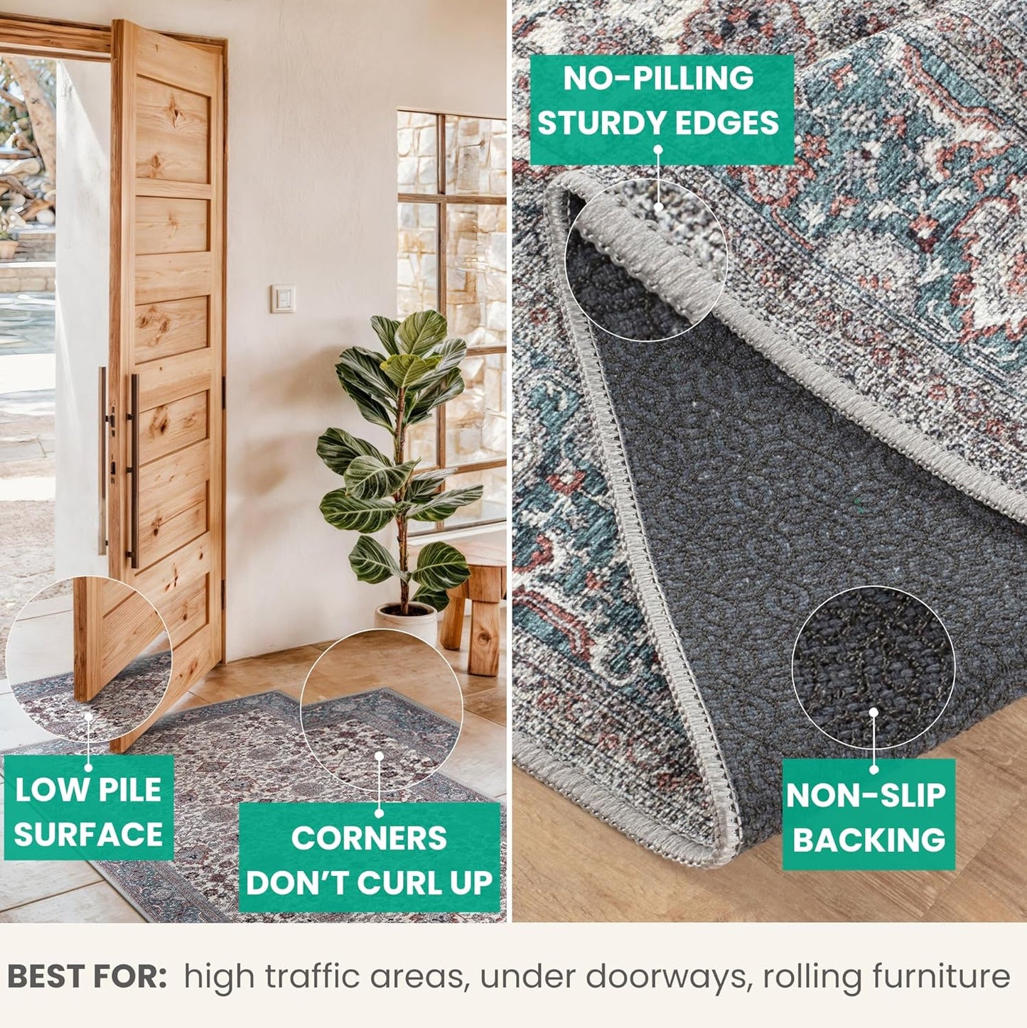 Bloom Rugs Washable Non-Slip 10 ft Runner - Teal/Blue/Beige Traditional Oriental Runner for Entryway, Hallway, Bathroom, and Kitchen - Exact Size: 2.5' x 10'