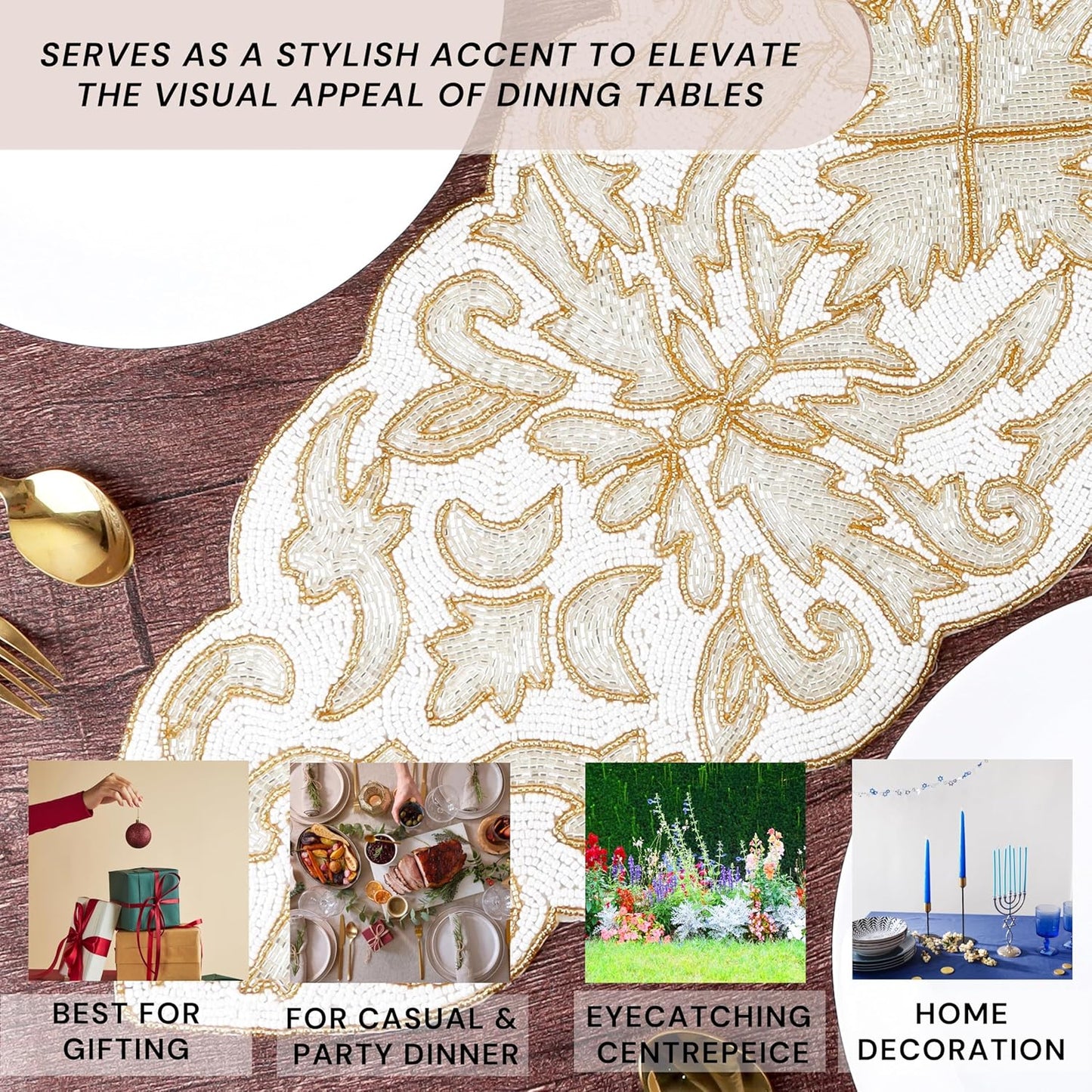 Beaded Table Runner 13 x 36 Inches - Elegant Dining Table Centerpiece with Glass Beads & Polyester Back, Handmade Decorative Runner for Weddings, Parties & Holiday Décor (White & Gold) - CLEENTABLE