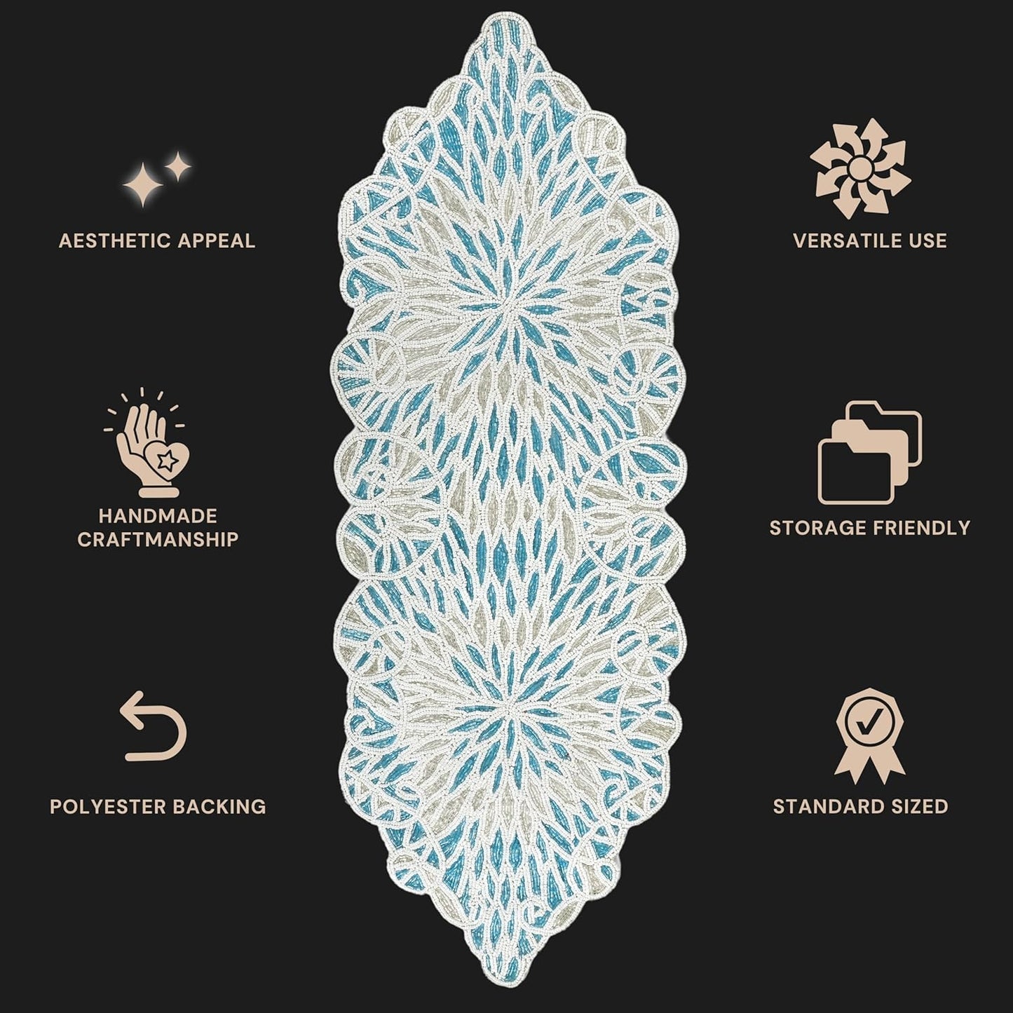 Handcrafted Beaded Table Runner – Elegant, Stain-Resistant Glass Bead & Polyester Glitz Accent for Farmhouse, Wedding, Bridal Shower, Dinner Table & Holiday Decor (Sky Blue White) - CLEENTABLE