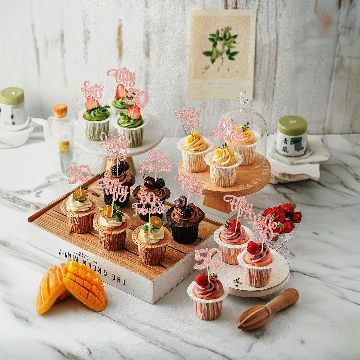 30Pcs Happy 50th Birthday Cupcake Toppers Rose Gold Glitter Fifty Cheers to 50 Years Old Birthday Cupcake Picks for 50th Birthday Anniversary Party Cake Decorations Supplies