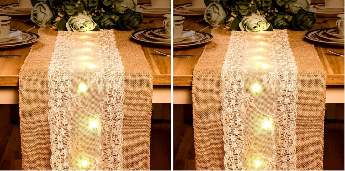 Burlap Table Runner with LED String Lights Rustic 12" x 108" Christmas Tablecloth Lighted Table Runner Farmhouse Decor for Wedding Bridal Shower Xmas Holiday (Pack of 2)